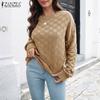 ZANZEA Womens Crew Neck Plaid Texture Casual Knitted Pullovers Sweaters Jumpers