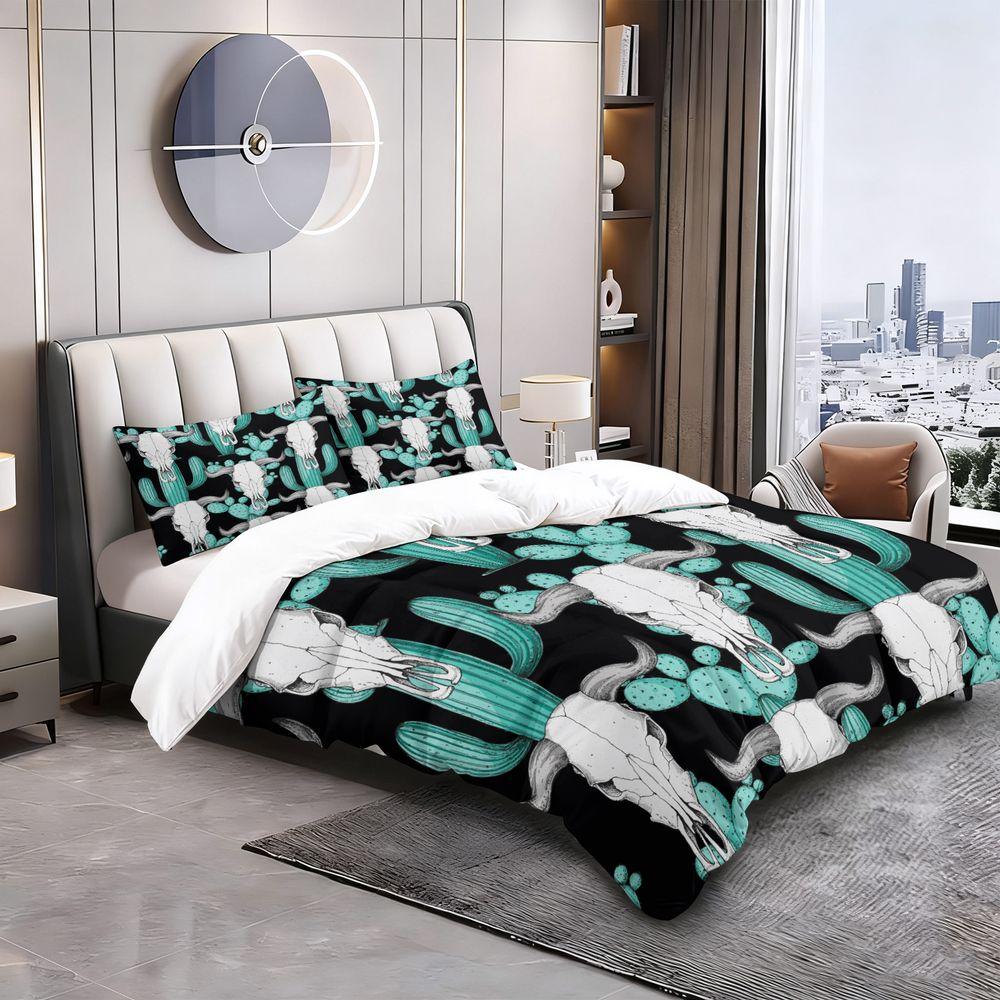 Western Skull Cactus Print Duvet Cover Set(1 Duvet Cover & 1/2 Pillowcase)Boho Style Bedding Set For Bedroom Decor