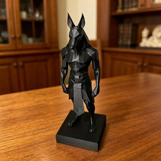 3D Printed Anubis Statue Desk Sculpture with Stable Square Base Matte Black Minimalist Low-Polygon Design for Home Office Study Room Decor Gift
