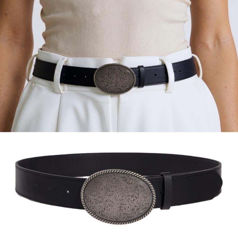 Fashionable Black Faux Leather Belt With Artistic Floral Embossing Durable Buckles Unisex Design