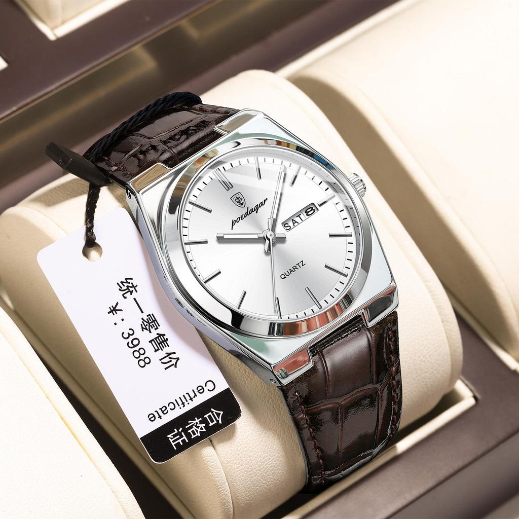 POEDAGAR Men's Ultra-Thin Dual Calendar Quartz Watch with Leather Strap - Trendy Fashion Wristwatch