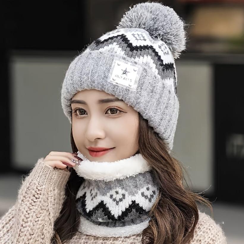 2pcs Winter Women'S Winter Hat and Scarf Set - Star Decoration Pink and White Striped Hat Soft Fleece, Elastic Stretch Fit, Comfortable Fleece Lining