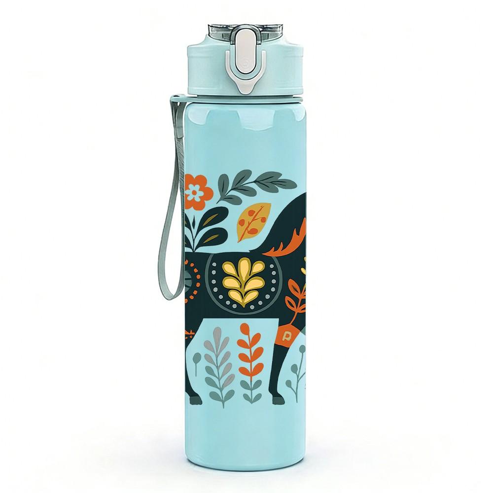 1PC Folk Art Floral Horse 750ml Color Plastic Sports Water Bottle Leakproof Flip Straw Lid Suitable for Sports Office Home Use