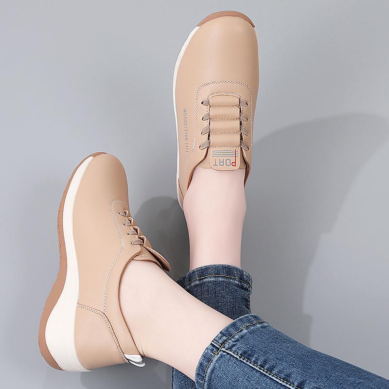 Women Platform Loafers Casual Elegant Leather Khaki Sneakers Thick Sole Height Increase Shake Shoes Large Size