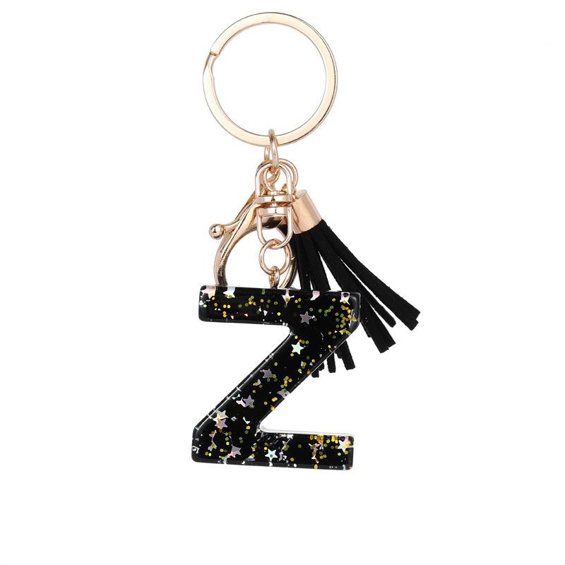 Black Glitter Star Sequins Resin 26 Letters Keychain Initials A-Z Keyring Tassel Charm Accessories Backpack Hanging Decoration
