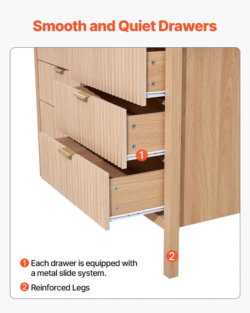 VEVOR 6 Fluted Drawer Dresser, Wooden Chest of Drawers with Sliding & Anti-tip Device, Modern Minimalist Dresser Chest