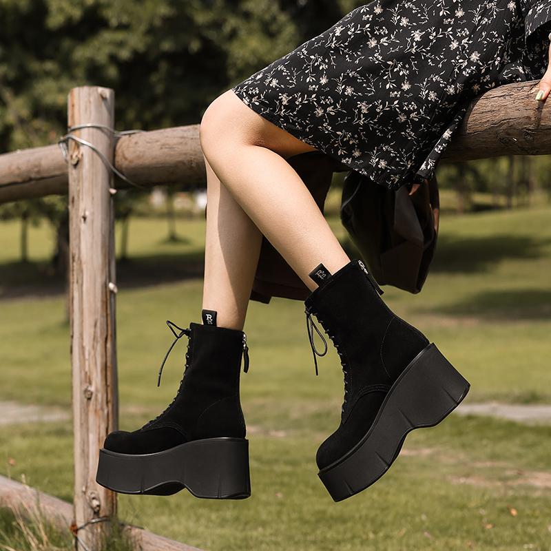 Fashion 2024 New Autumn Women Boots Cow Suede Shoes for Women Round Toe Lace Up Casual Platform Boots Increase Height Ladies Shoes