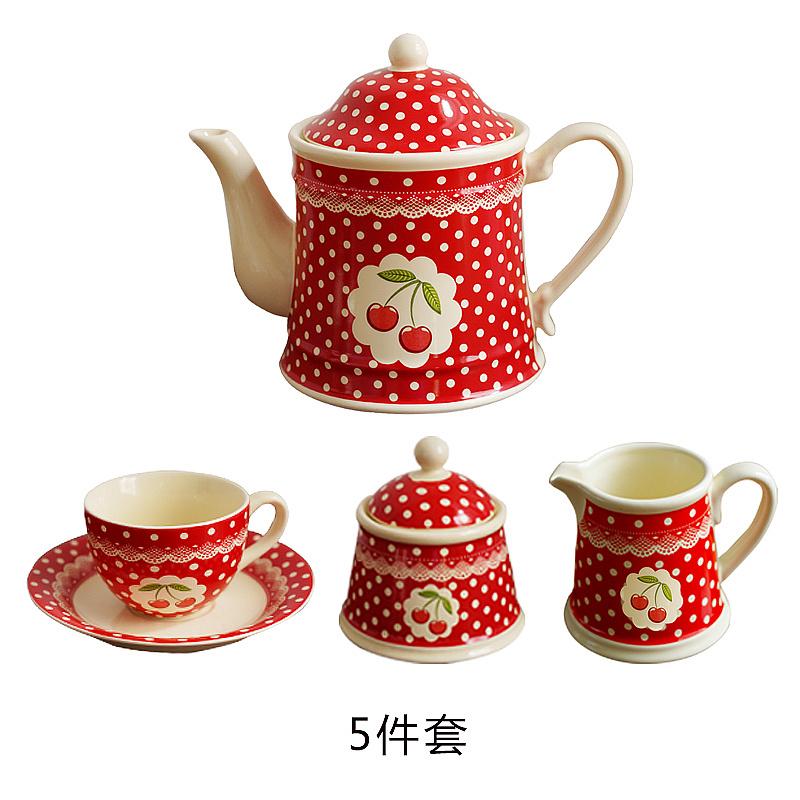 Ceramic England Polka Dot Cherry Printing Teaware Set Afternoon Tea Set Service Coffee Set Coffee Tea Cup Pot Jar