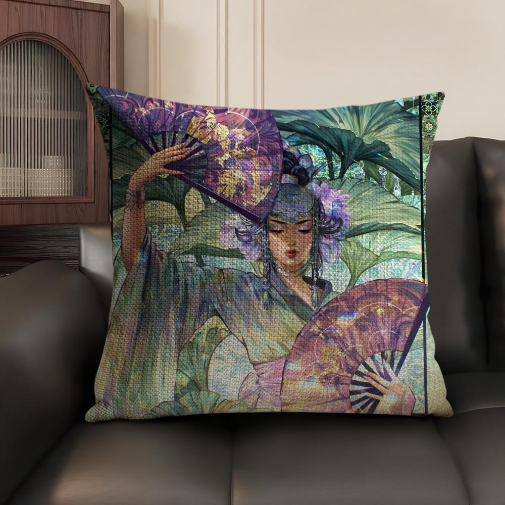 Japanese Cartoon Girl Kimono Style Pillow Case Double-Sided Printing Short Plush Sofa Cushion Cover Bedroom Bedside Pillow
