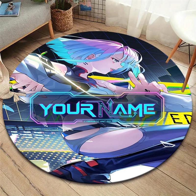 Cybernetic Future Heroine Custom Name Round Area Rug Carpet Rug For Living Room Bedroom Sofa Playroom Decor Nonslip Floor Mat