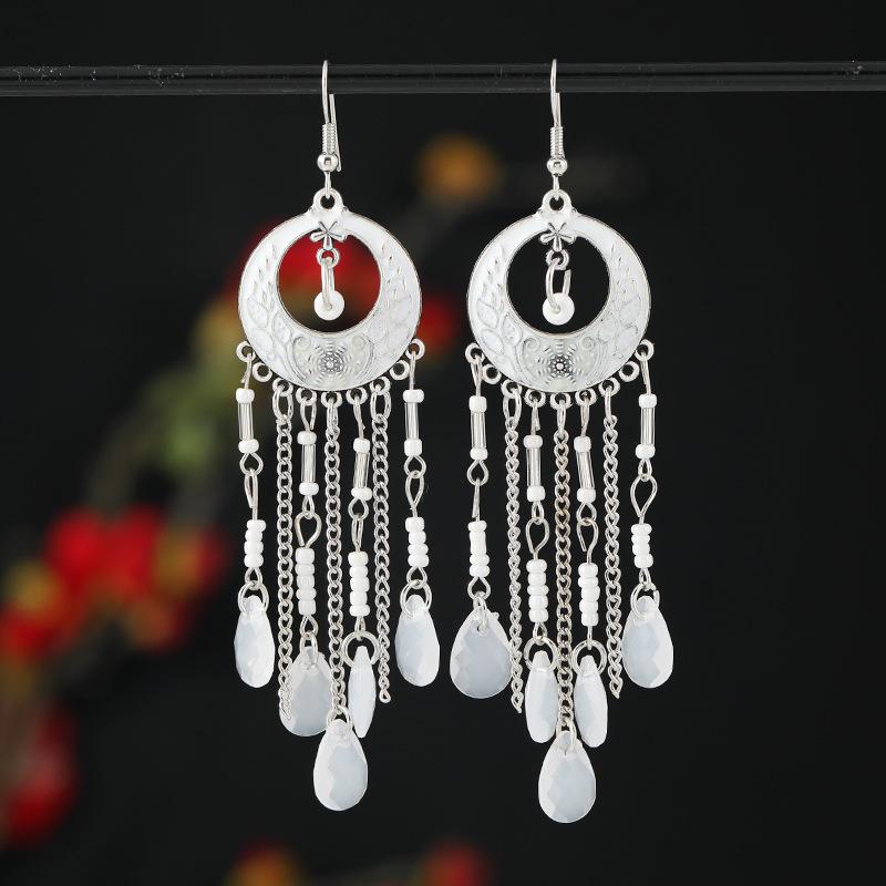Bohemian long fringed earrings retro medium enamel color beaded niche design earrings women