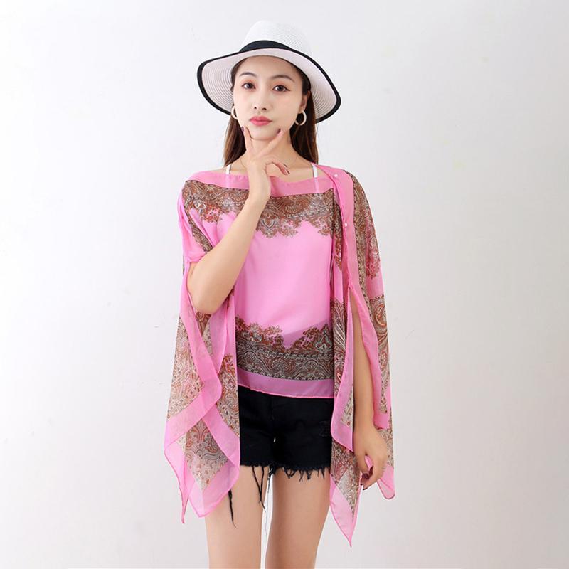 Beach Sun Protection Shawl Women Clothes Summer Beach Bikini Cover Up Loose Chiffon Blouse Shawl Scarf With Buttons