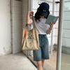 Women Color Contrast Weave Belt Canvas Shoulder Bag Embroidered Large Capacity Student Tote Bag
