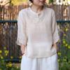 Blusa de Lino y Algodón para Mujer, Estilo Chino, Botón de Rana, Bordado Floral, Manga Tres Cuartos
