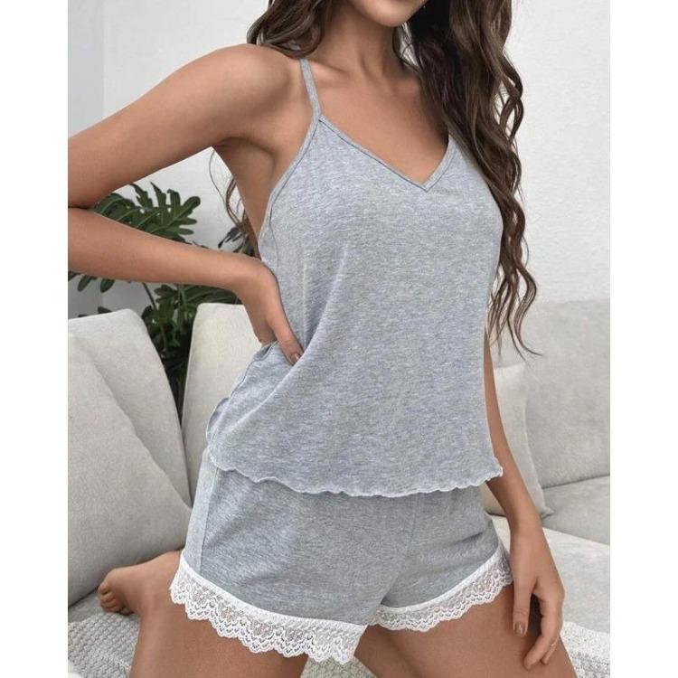 Women's Sexy Sleeveless V-Neck Crochet Lace Pajamas Set 2 Piece Casual Solid Home Clothes Daily Wear Suit