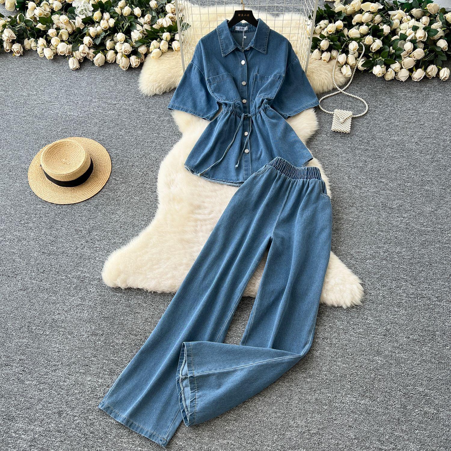 

Винтажный джинсовый костюм в стиле Spice Girls, женский летний топ-рубашка поло на кулиске, эластичная талия, широкие брюки, облегающие One Size светло-синий