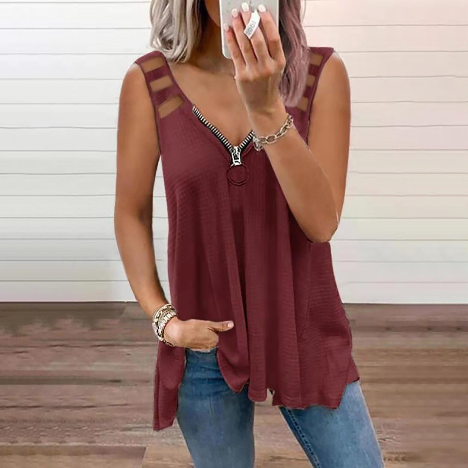 

Women V-neck Sleeveless Hollow Out Tops Tunic Zipper Tank Blouse S