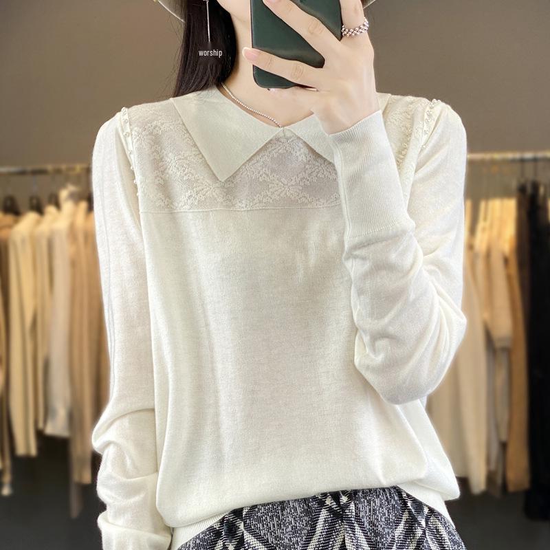 

Свитер из кашемира с жаккардовым узором и отложным воротником, украшенный бисером – Приталенный, свободный крой для весны и осени, длинные рукава XL белый