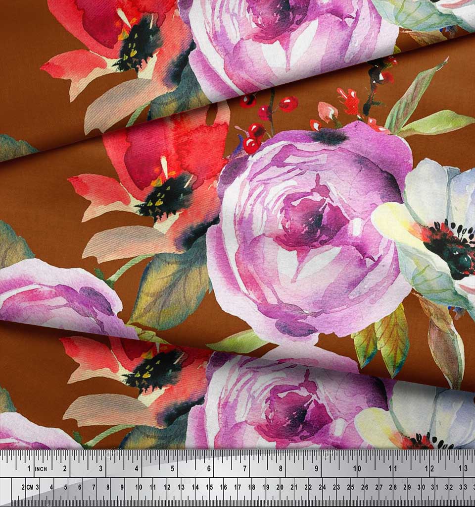 Soimoi Japan Crepe Satin Fabric Leaves,Poppy & Peony Flower Decor Fabric Printed Metre 42 Inch