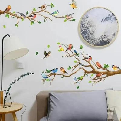 Kreatywna Naklejka w Stylu Chińskim Vintage Ptak Naklejki do Dekoracji Ściany Sofy w Salonie Mural Art 3D Gałąź Drzewa Zielone Liście Stikers