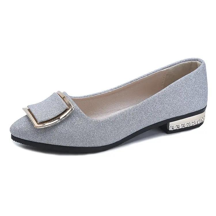 Shoes Women Women Sequins Shallow Square Buckle Slip On Low Heel Shoes Pointed Single Shoes Lady Leather Thick Single