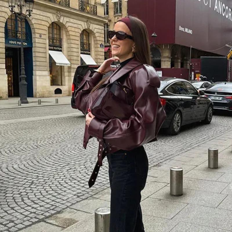 Giacca Biker Vintage da Donna con Risvolto in Pelle, Polsini Regolabili, Primavera e Autunno