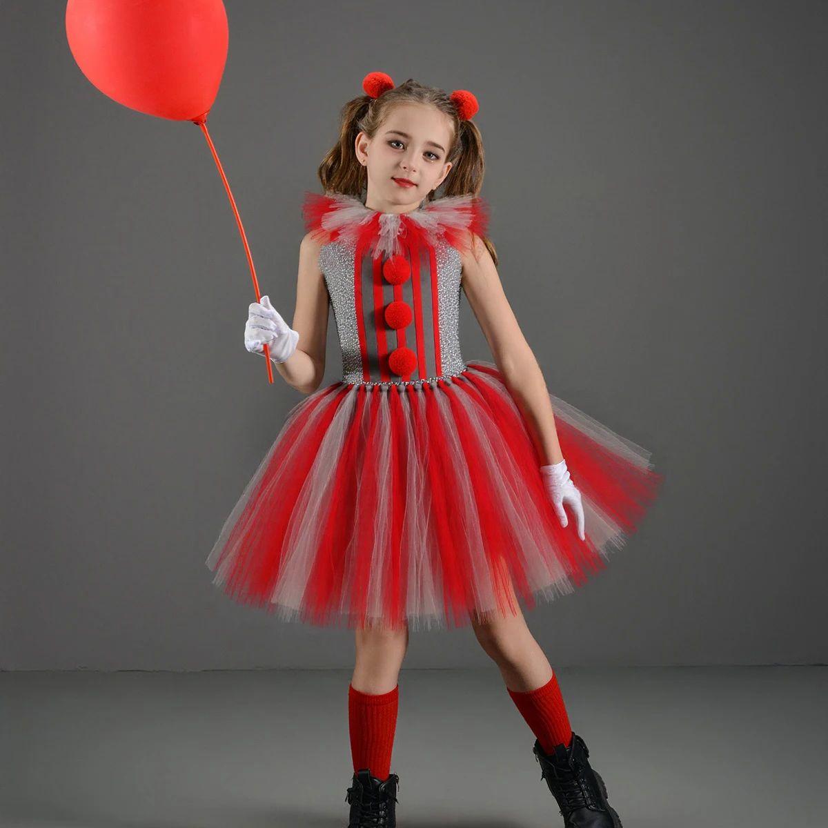 

Костюм Клоуна-Убийцы для Девочек на Хэллоуин Платье для Переодевания Черно-Белое Страшный Ужасающий Джокер Пачка Платье Детская Маскарадная Карнавальная Одежда S красный