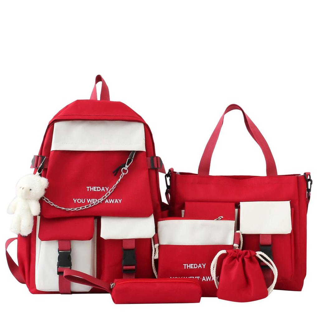 Mittelschulrucksack mit Bärenanhänger, hohe Kapazität, Campus-Rucksack, Kontrastfarbe, für Herren und Damen, 5-teiliger Rucksack, Umhängetasche, Umhängetasche, Federmäppchen