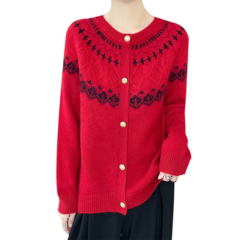 Women's Fair Isle Color Block Wool Cardigan - Round Neck, Age-Reducing Knitwear Jacket