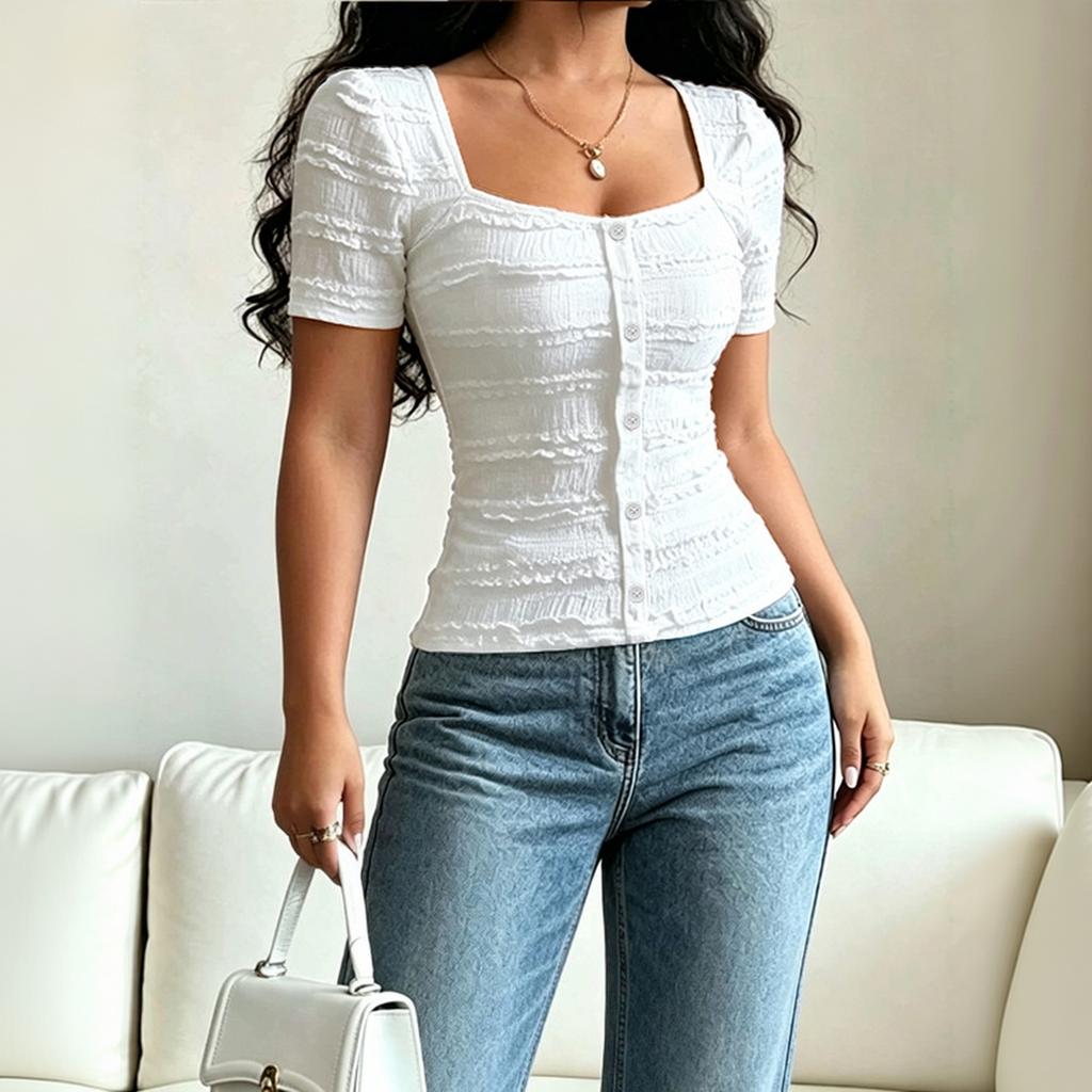 Women's Casual Solid Button Front Square Neck Short Sleeve T-Shirt Top Slim Fit Lightweight Stretchy Fabric