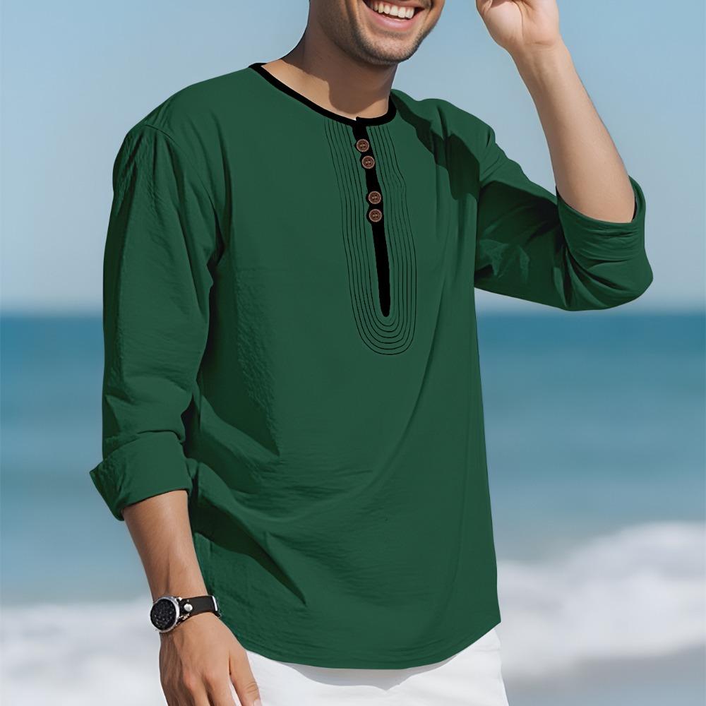 Pánské módní tričko s límečkem henley 95% len s dlouhým rukávem podzimní volné ležérní prošívané tričko pánské oblečení