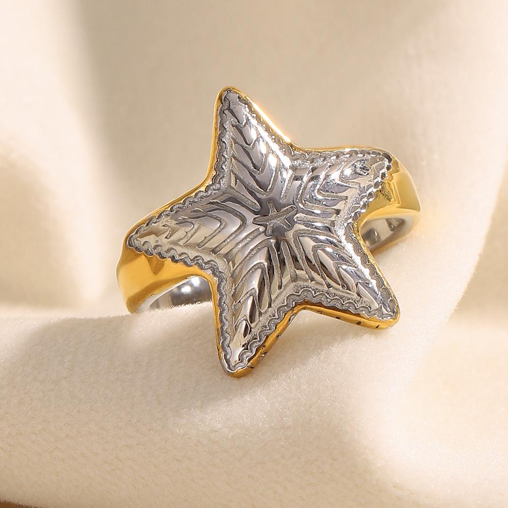 MamacitaSlay 316L Stainless Steel Two Color Starfish Open Ring Waterproof 18K Gold Plated Jewelry Women's Charm Ring Ornament