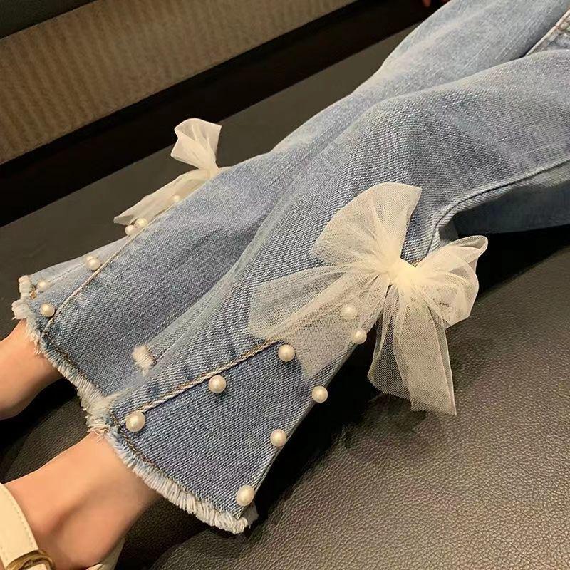 Modische Perlen-Schlagjeans für Mädchen 2025 - Elastische Frühjahrs-/Herbsthosen