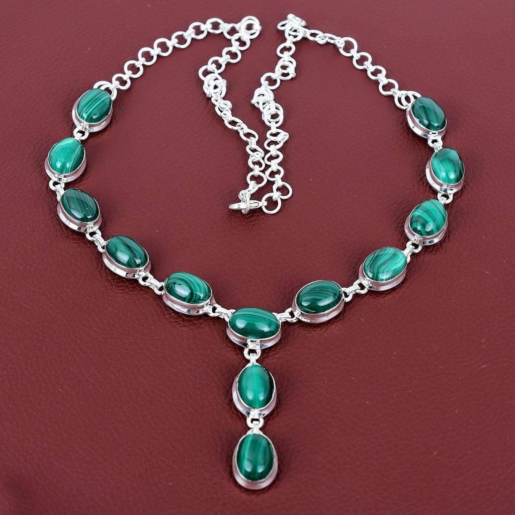 Malachite Necklace Natural Gemstone Jewelry 925 Sterling Silver Necklace Handmade Adjustable Chain Necklace Brand New Necklace Gifts for Her