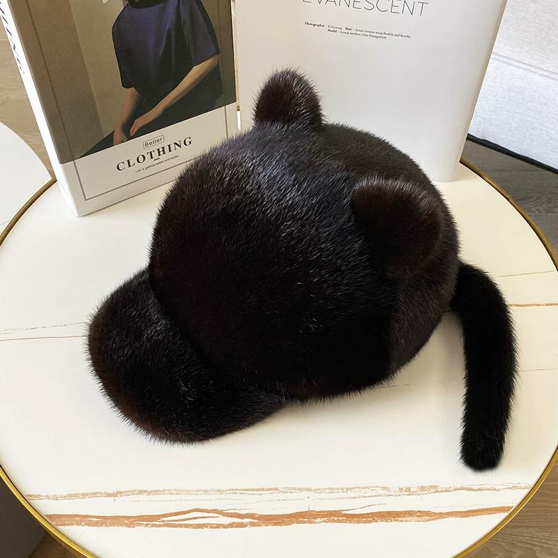 Winter Ladies Mink Hat Sweet Cute Cat Ears with Tail Whole Mink Hat Mink Fur Cap Tide