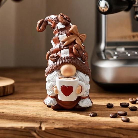 Drinking Coffee Gnome Figurine Holding Coffee Mug Dwarf Statue Handmade Gnome Resin Sculpture Coffee