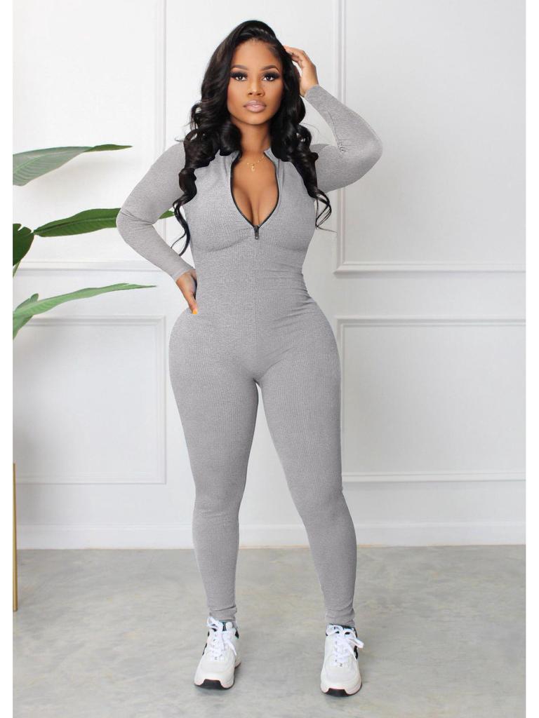 2022 Autumn European and American Pit Stripe Zipper Sports Jumpsuit