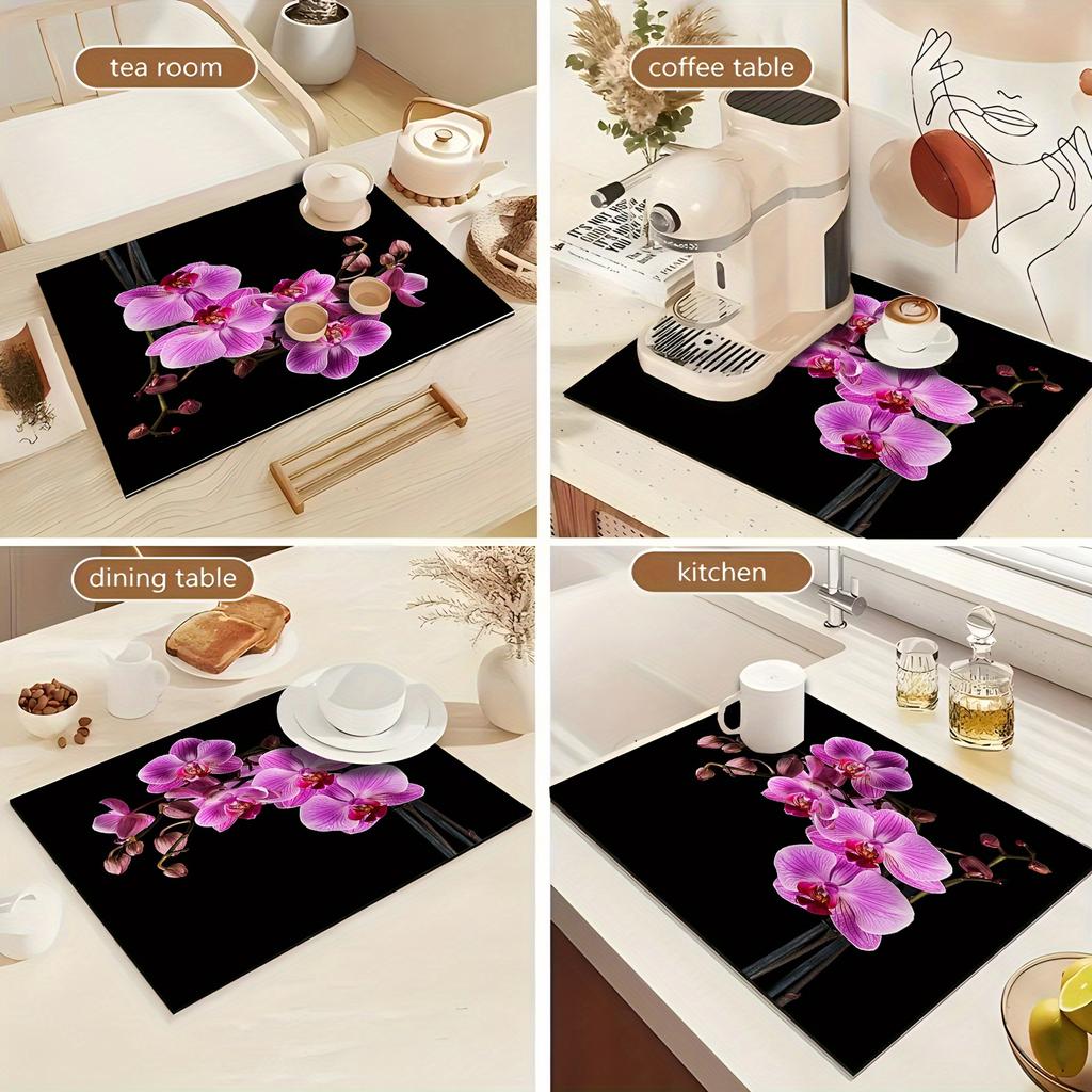 1Pcs Rubber Drying Mat With Retro Moroccan Orchid  Print For Coffee Shop Kitchen Carpet Tableware Durable Diatom Mud Table Mat Pet Mat Coffeeware