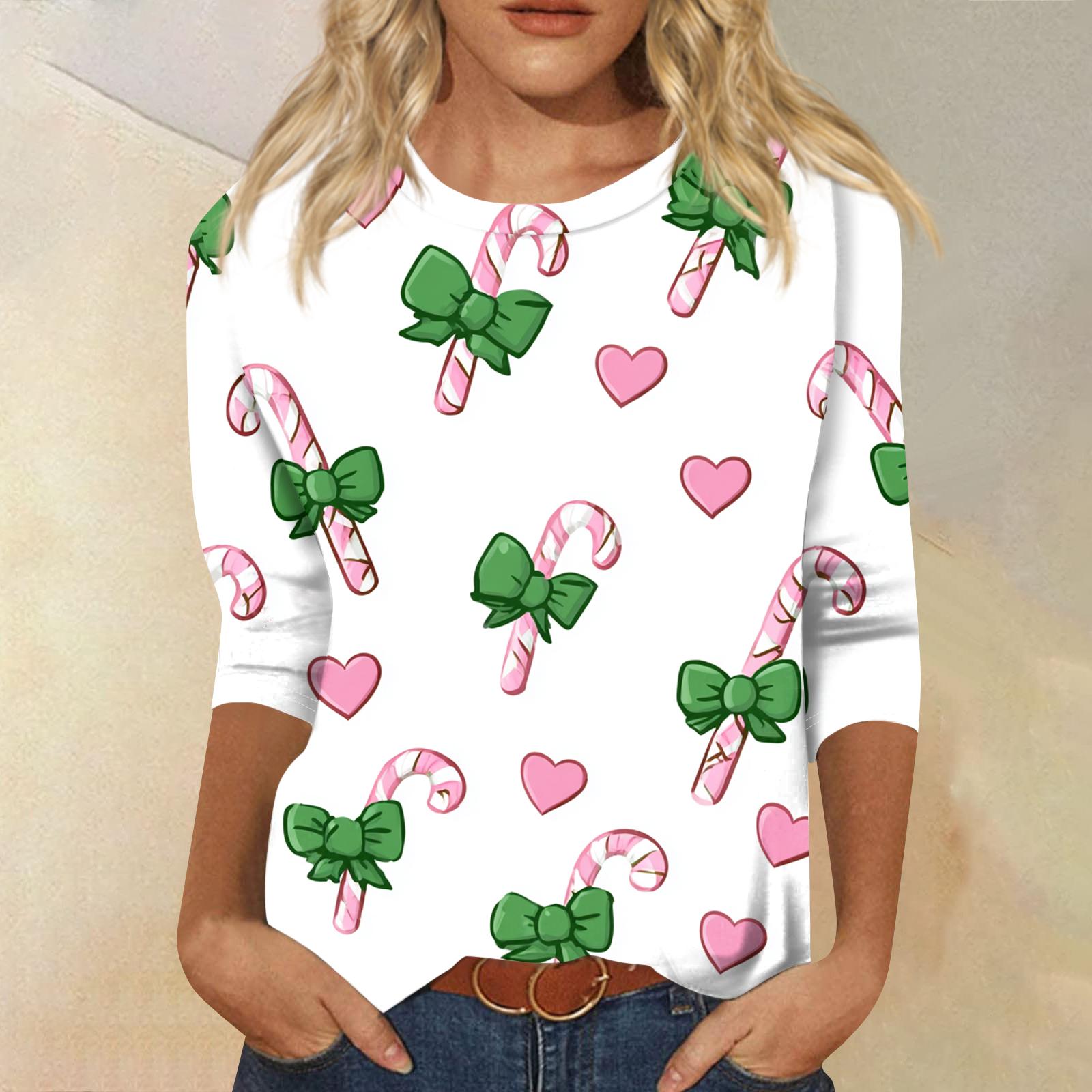 

Women s Fashion Casual Round Neck Three-quarter Sleeve Christmas Print T-shirt Top XXXXXL розовый