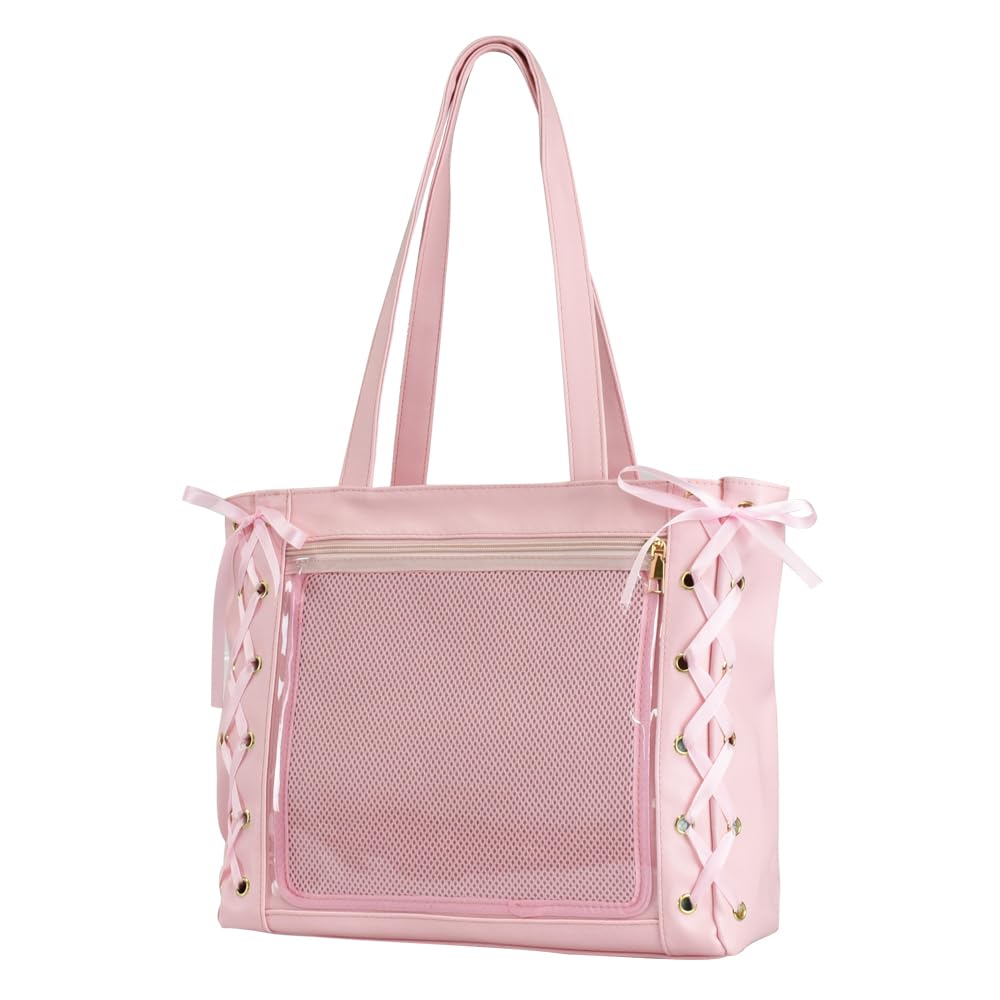 Large Capacity Tote Bag with Ribbon, Handbag, Shoulder Bag, Clear Pocket, Perfect for Oshikatsu Events (Pink)