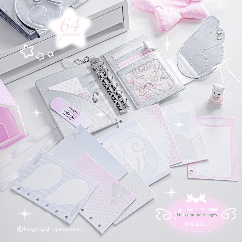 Cute Angel Wings Journal 3 Fold Binder Notebook PU Leather Multi Pocket Waterproof Planner for School Girls Travel Writing