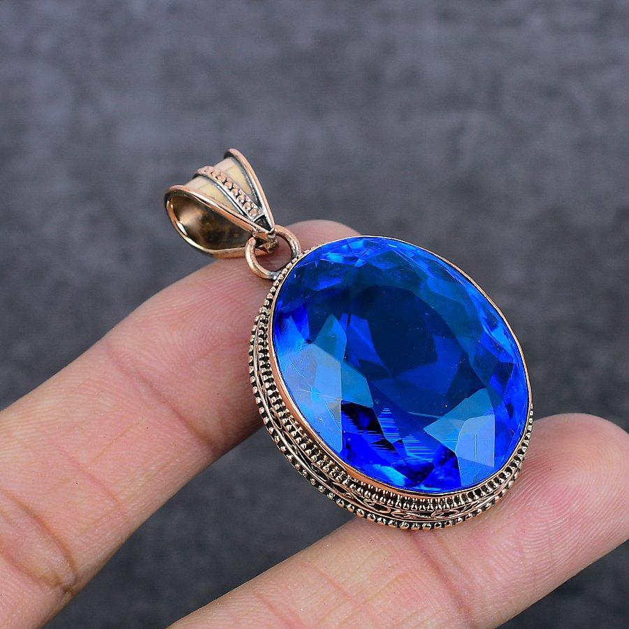 London Blautopas Edelstein Handgefertigter Kupferschmuck Anhänger 1,97" L6A77