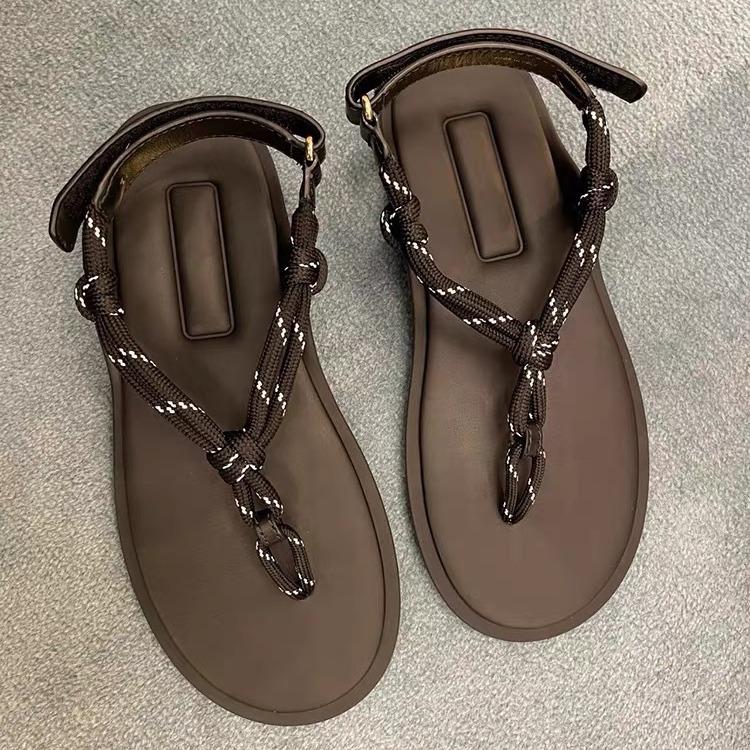 Leder Hanfseil Klettverschluss Flachboden Runde Zehe Flip-Flops Schuhe Damen tragen Sommer neu Strand Römersandalen
