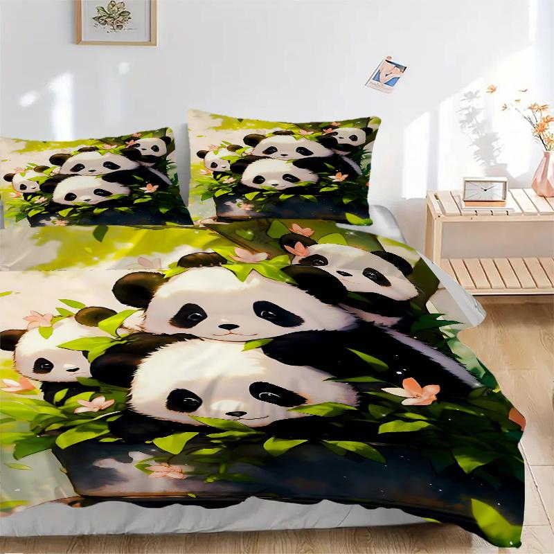 3pcs Four Winning Pandas Print Bedding Set (1 Cover + 2 Pillowcases, Without Inserts), This Printed Bedding Set is Soft and Comfortable, Sui