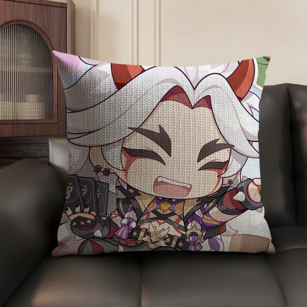 Arataki Itto Cute Genshin Impact Cushion Cover Natural Linen Organic Fabric DoubleSided Printing Sofa Home Decor Pillow Case