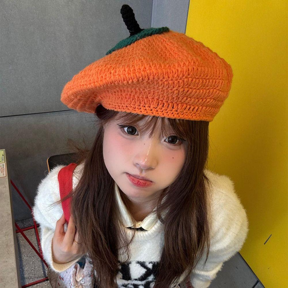 Cartoon Persimmon Beret Kawaii Y2K Painter Hat Personality Knitted Hat  Party