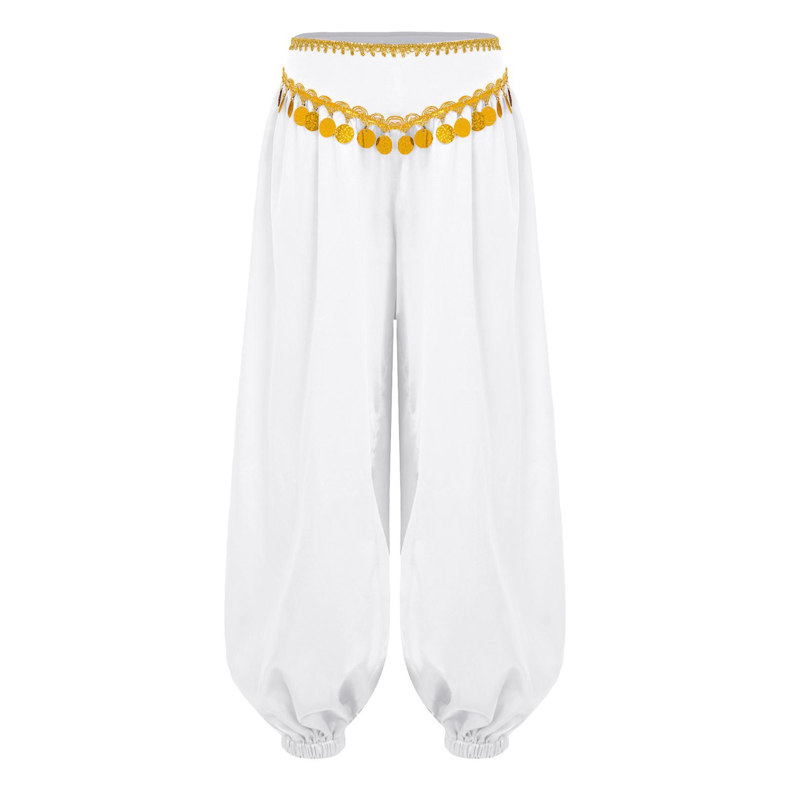 

Girls Sequin Tassels Bloomers Pants Braid Trim Loose Fit Side Zipper Belly Dance Costume 5-6 Years білий