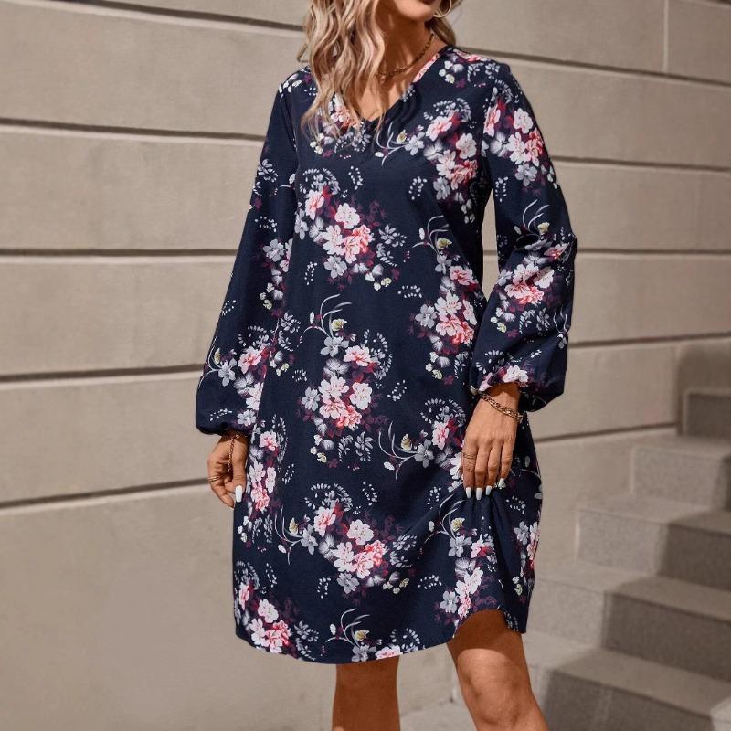 Women's Vintage Print Fashion Temperament Elegant Floral Print Lantern Sleeve Dress