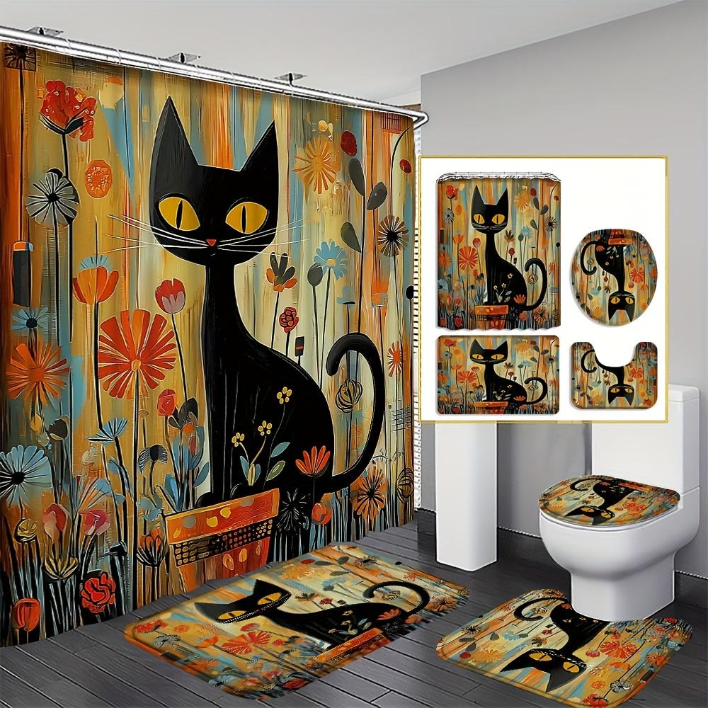 

Black Cat &Sunflower Shower Curtain Set - Includes Non-Slip Bath Mat, U-Shaped Toilet Pad &Seat Cover For Stylish Bathroom Decor W60H190(CM)-1 Pcs