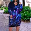 Women Plus Size V Neck Long Sleeve Blue Floral Printed Fitted Straight Dress